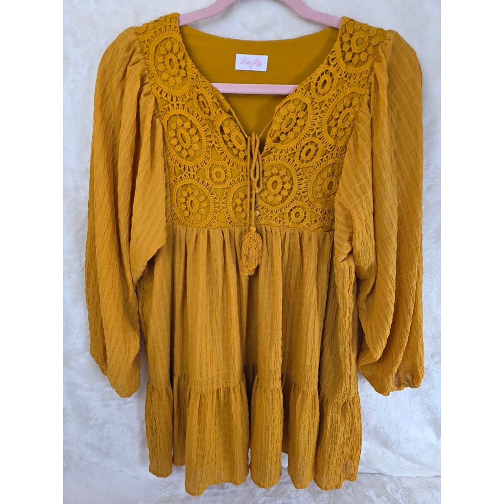 Pink Lily Mustard‎ Yellow Boho Crochet Lace Tiered Babydoll Dress MA393 Womens S